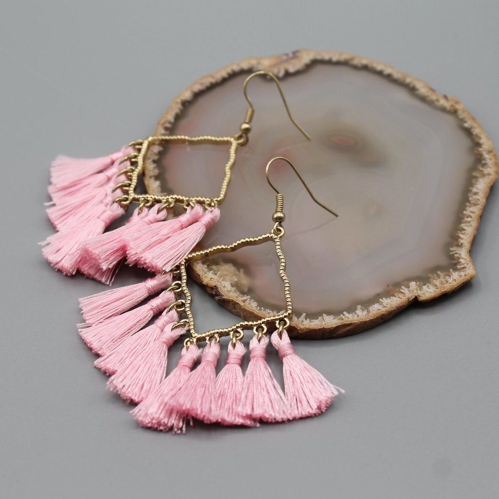 Jewelry earrings tassel statement drop dangle pink yellow gold tone boho new